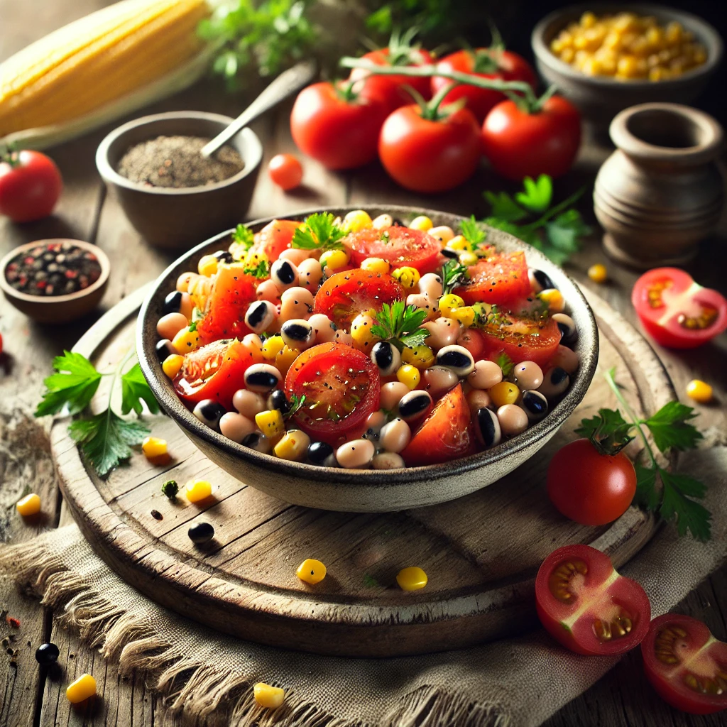 A rustic presentation of black-eyed pea, tomato, and corn salad, elegantly arranged on a wooden table. The salad is a vibrant mix of black-eyed peas, juicy cherry tomatoes, and sweet corn, tossed with fresh herbs and a light vinaigrette. The dish is served in a ceramic bowl, garnished with chopped parsley and a sprinkle of black pepper. Scattered around are fresh tomatoes, corn kernels, and a small dish of dressing. Soft natural lighting enhances the fresh and inviting feel, with gentle shadows and a hint of rustic kitchen elements in the background.