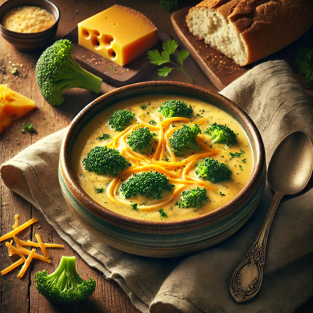 A rustic ceramic bowl of Black Eyed Pea's broccoli-cheese soup sits on a wooden table. The creamy, golden soup features tender broccoli chunks and is topped with melted cheddar cheese and a sprinkle of fresh parsley. Beside the bowl, a slice of crusty bread, a folded linen napkin, and a small spoon complete the cozy setting. Scattered around are shredded cheese and small broccoli florets. Soft natural light highlights the creamy texture and vibrant colors, creating a warm and inviting atmosphere.