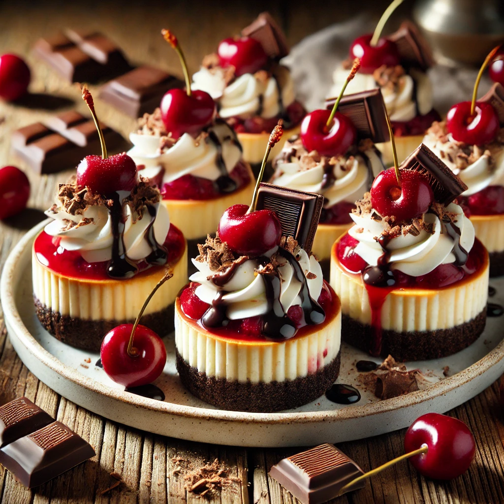 A plate of Black Forest Mini Cheesecakes on a rustic wooden table, featuring a rich chocolate cookie crust, creamy vanilla cheesecake filling, and luscious cherry topping. Some are drizzled with chocolate sauce and garnished with whipped cream and chocolate shavings. Whole cherries and chocolate curls are scattered around for an elegant presentation, with soft natural lighting enhancing the deep chocolate tones and vibrant red cherries.
