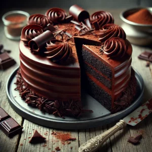 A decadent Black Magic Cake on a rustic wooden table, featuring rich, dark chocolate layers coated in smooth, glossy chocolate ganache. A slice is cut to reveal the moist, dense interior. The top is decorated with chocolate curls and a dusting of cocoa powder, with scattered chocolate shavings and crumbs enhancing the indulgent presentation. Soft natural lighting highlights the deep, luxurious chocolate tones.