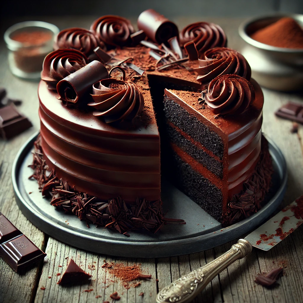 A decadent Black Magic Cake on a rustic wooden table, featuring rich, dark chocolate layers coated in smooth, glossy chocolate ganache. A slice is cut to reveal the moist, dense interior. The top is decorated with chocolate curls and a dusting of cocoa powder, with scattered chocolate shavings and crumbs enhancing the indulgent presentation. Soft natural lighting highlights the deep, luxurious chocolate tones.