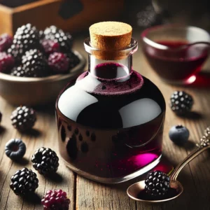 A beautifully presented jar of homemade Blackberry Syrup, featuring a deep purple, glossy syrup with a rich, smooth texture. The syrup is elegantly poured into a glass bottle with a cork stopper, with a few fresh blackberries and a drizzle of syrup on the side. A small bowl of plump blackberries and a silver spoon rest nearby. The scene is set on a rustic wooden table with soft, natural lighting enhancing the vibrant colors and inviting texture of the syrup.