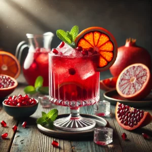 A beautifully crafted blood orange and pomegranate mocktail in an elegant glass, deep red in color, filled with crushed ice and garnished with a slice of blood orange, pomegranate seeds, and a sprig of fresh mint. The rustic wooden table is decorated with whole and sliced blood oranges, a small bowl of pomegranate seeds, and a glass pitcher with extra mocktail, bathed in soft natural light for a refreshing and vibrant atmosphere.