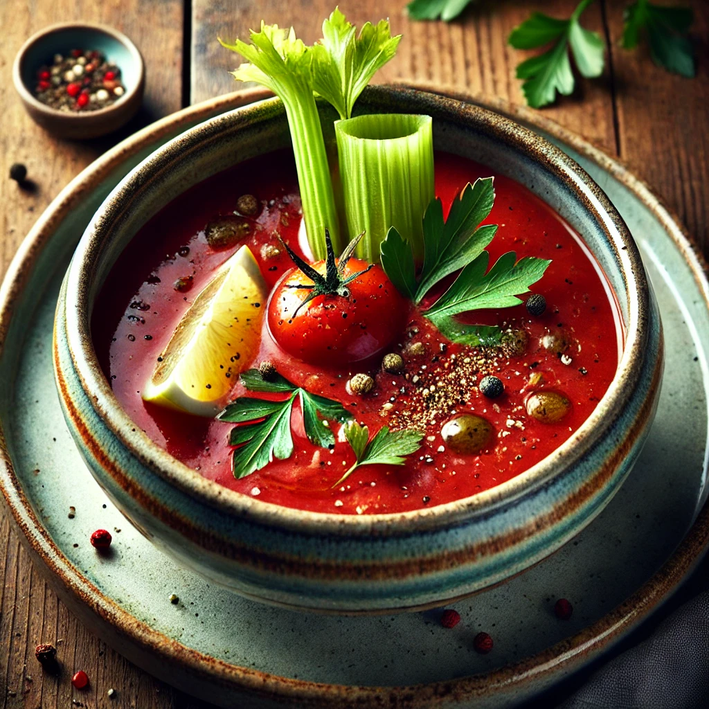 A beautifully plated bowl of Bloody Mary Soup, featuring a vibrant red tomato-based soup infused with bold flavors of celery, Worcestershire sauce, black pepper, and a hint of vodka. The bowl rests on a wooden table with soft, natural lighting highlighting the bold and zesty presentation.