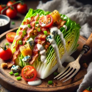 A BLT wedge salad with a crisp iceberg lettuce wedge, crispy bacon, cherry tomatoes, and crumbled blue cheese, drizzled with creamy ranch dressing on a rustic wooden table. Garnished with fresh chives and black pepper, with a fork lifting a bite to showcase the fresh ingredients. A cozy napkin and wooden plate enhance the warm, inviting atmosphere.