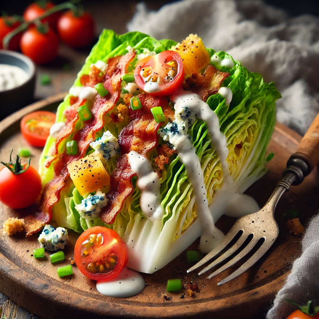 A BLT wedge salad with a crisp iceberg lettuce wedge, crispy bacon, cherry tomatoes, and crumbled blue cheese, drizzled with creamy ranch dressing on a rustic wooden table. Garnished with fresh chives and black pepper, with a fork lifting a bite to showcase the fresh ingredients. A cozy napkin and wooden plate enhance the warm, inviting atmosphere.