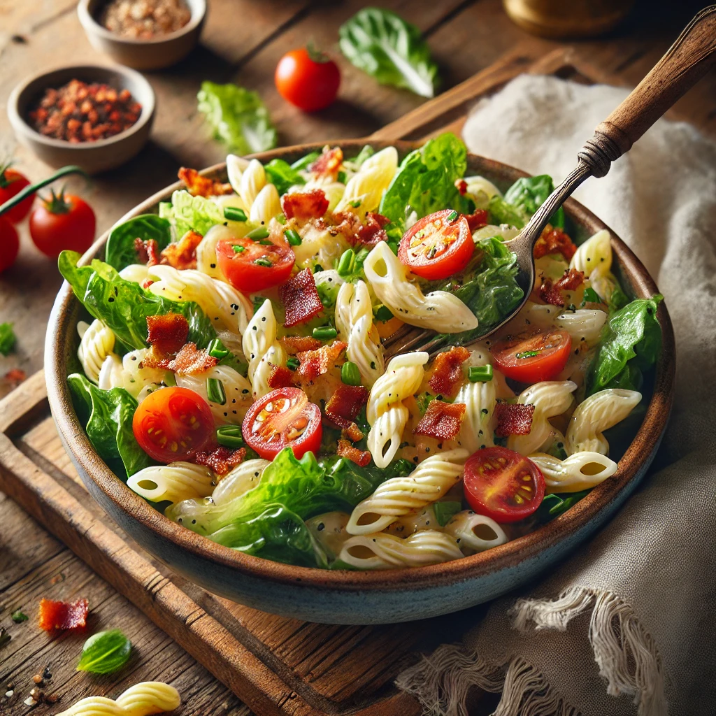 A bowl of BLT pasta salad with tender pasta, crispy bacon, cherry tomatoes, and fresh romaine lettuce, coated in a creamy dressing on a rustic wooden table. Crumbled bacon and chopped chives garnish the dish, with a serving spoon lifting a portion to reveal the fresh ingredients. A cozy napkin and wooden plate enhance the warm, inviting atmosphere.