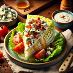 Crisp iceberg lettuce wedge drizzled with creamy blue cheese dressing, topped with crispy bacon bits, cherry tomato halves, and crumbled blue cheese, garnished with chives and black pepper.