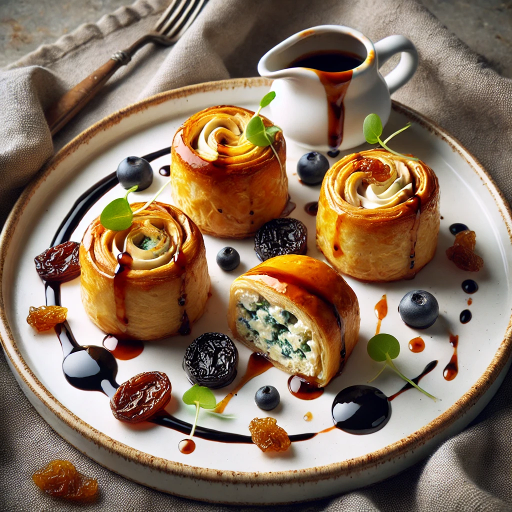 Blue Cheese and Cream Pastries with Raisin-Pedro Ximénez Sauce