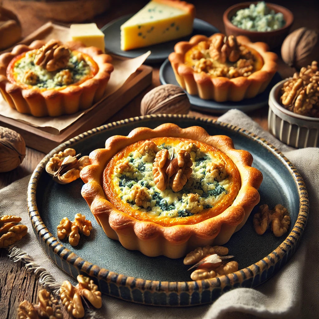 A batch of freshly baked Blue Cheese and Walnut Tarts with a golden, flaky crust and a rich, creamy blue cheese filling. Each tart is topped with a whole walnut. The tarts are arranged on an elegant ANTA plate, placed on a rustic wooden table with a linen napkin, a small dish of crumbled blue cheese, and a handful of walnuts. Warm, natural lighting enhances the textures and inviting colors of the dish.