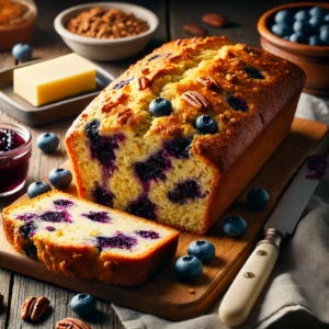 A freshly baked Blueberry Cornmeal Quick Bread with a golden-brown crust and a moist, dense interior speckled with juicy blueberries and crunchy cornmeal. The loaf is sliced, revealing its tender crumb with bits of dried blueberries and pecans throughout. It rests on a wooden cutting board atop a rustic wooden table, accompanied by a small dish of blueberry jam, a butter knife, and a linen napkin. Warm, natural lighting enhances the inviting, homemade feel.