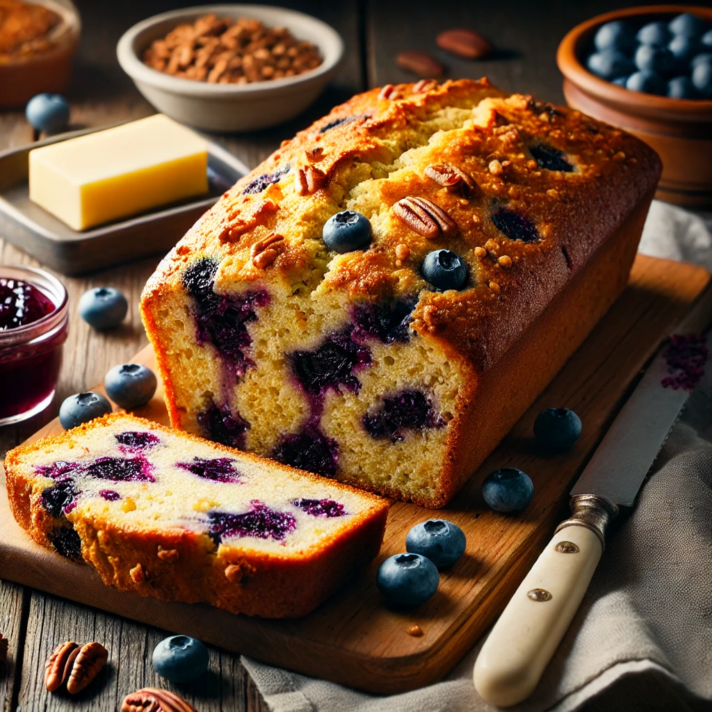 A freshly baked Blueberry Cornmeal Quick Bread with a golden-brown crust and a moist, dense interior speckled with juicy blueberries and crunchy cornmeal. The loaf is sliced, revealing its tender crumb with bits of dried blueberries and pecans throughout. It rests on a wooden cutting board atop a rustic wooden table, accompanied by a small dish of blueberry jam, a butter knife, and a linen napkin. Warm, natural lighting enhances the inviting, homemade feel.