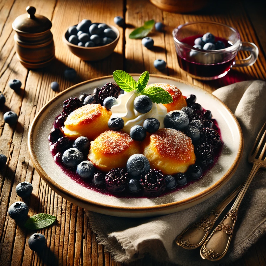 A beautifully plated serving of Blueberry Grunts served on a rustic wooden table. The dish features warm, stewed blueberries topped with golden, fluffy dumplings. Lightly dusted with powdered sugar and garnished with fresh blueberries and a sprig of mint. Served on a white ceramic plate with a side of whipped cream. The warm wooden table is more visible, providing a cozy and inviting setting.