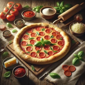 A Boboli pizza crust sits on a rustic wooden table. The crust is golden brown with a perfectly baked texture and slightly raised edges. Surrounding it are pizza-making ingredients, including a bowl of tomato sauce, shredded mozzarella cheese, sliced pepperoni, fresh basil leaves, and chopped bell peppers and onions. A small wooden rolling pin and a folded linen napkin complete the cozy, homemade pizza preparation scene. Soft natural light highlights the crust's texture and the vibrant colors of the fresh ingredients