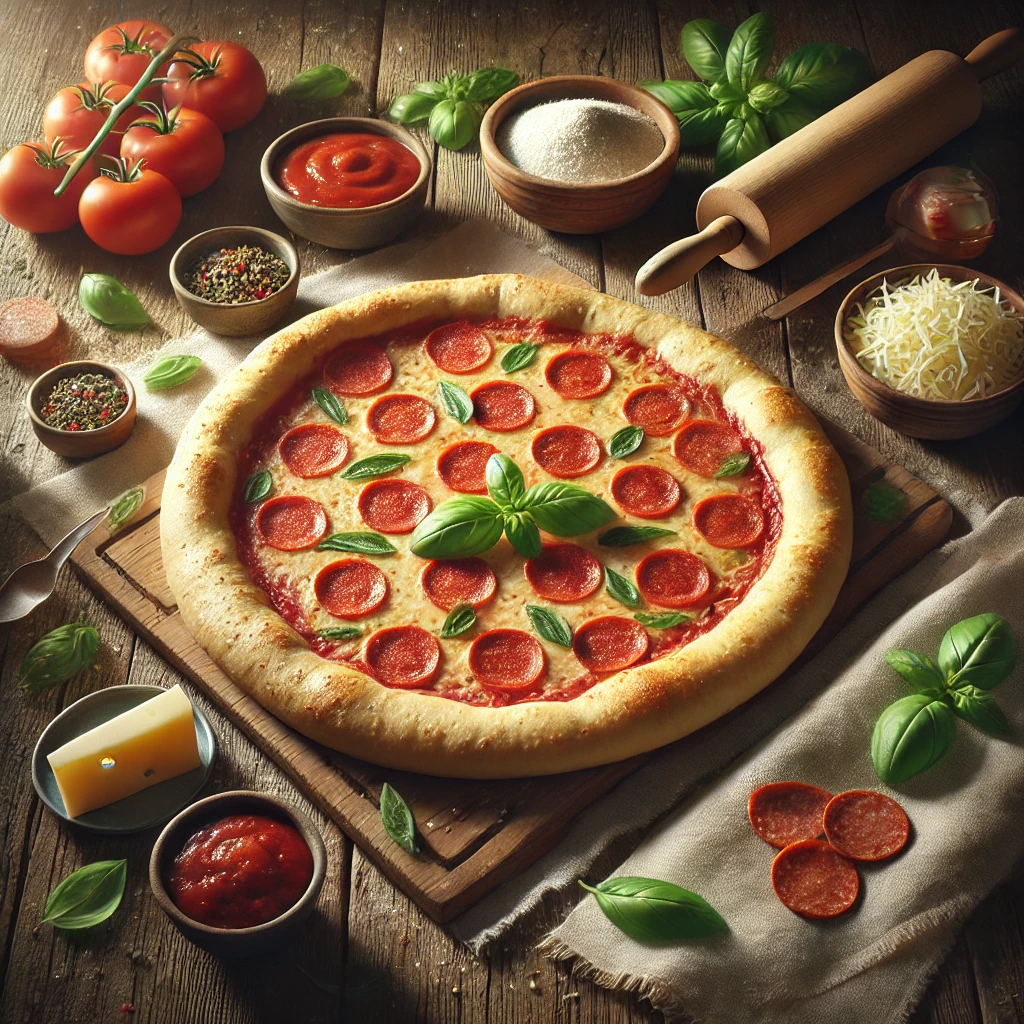 A Boboli pizza crust sits on a rustic wooden table. The crust is golden brown with a perfectly baked texture and slightly raised edges. Surrounding it are pizza-making ingredients, including a bowl of tomato sauce, shredded mozzarella cheese, sliced pepperoni, fresh basil leaves, and chopped bell peppers and onions. A small wooden rolling pin and a folded linen napkin complete the cozy, homemade pizza preparation scene. Soft natural light highlights the crust's texture and the vibrant colors of the fresh ingredients
