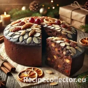 Rich, dark Christmas fruitcake with a slice cut, surrounded by festive winter decorations on a wooden table.
