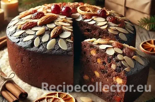 Rich, dark Christmas fruitcake with a slice cut, surrounded by festive winter decorations on a wooden table.
