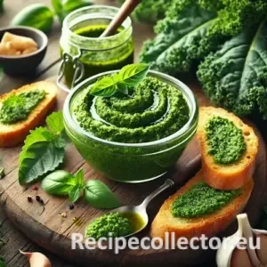 Photorealistic image of kale pesto in a glass jar, with fresh kale, herbs, and garlic, served with slices of crusty bread spread with the pesto on a rustic wooden surface in natural light.