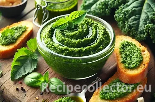 Photorealistic image of kale pesto in a glass jar, with fresh kale, herbs, and garlic, served with slices of crusty bread spread with the pesto on a rustic wooden surface in natural light.