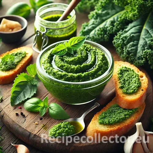 Photorealistic image of kale pesto in a glass jar, with fresh kale, herbs, and garlic, served with slices of crusty bread spread with the pesto on a rustic wooden surface in natural light.