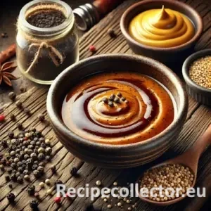 Photorealistic image of a bold gaucho-style grill marinade in a rustic bowl, surrounded by mustard, black pepper, soy sauce, and olive oil on a textured wooden table with warm side lighting.