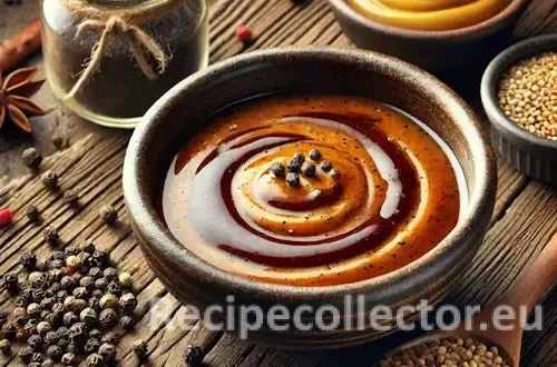 Photorealistic image of a bold gaucho-style grill marinade in a rustic bowl, surrounded by mustard, black pepper, soy sauce, and olive oil on a textured wooden table with warm side lighting.