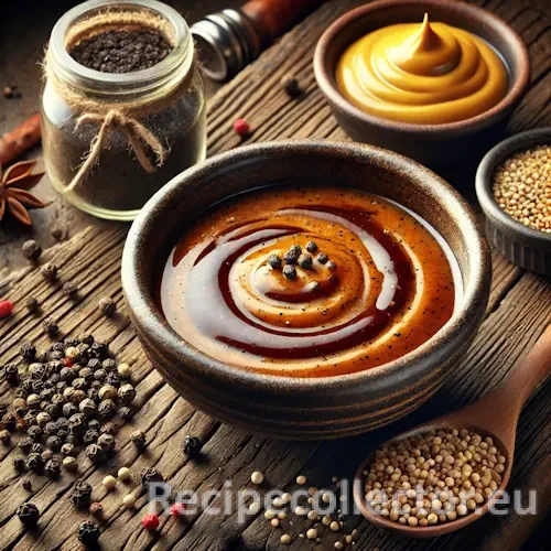 Photorealistic image of a bold gaucho-style grill marinade in a rustic bowl, surrounded by mustard, black pepper, soy sauce, and olive oil on a textured wooden table with warm side lighting.