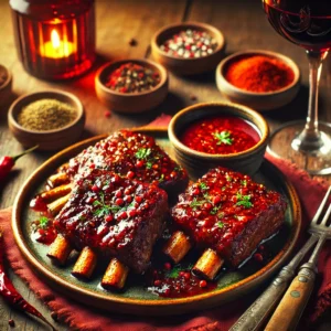 Golden short ribs glazed with a rich red wine sauce, garnished with fresh herbs, served on a rustic ceramic plate with a small bowl of sauce on the side, set on a wooden table illuminated by soft natural lighting for a warm and inviting appeal.
