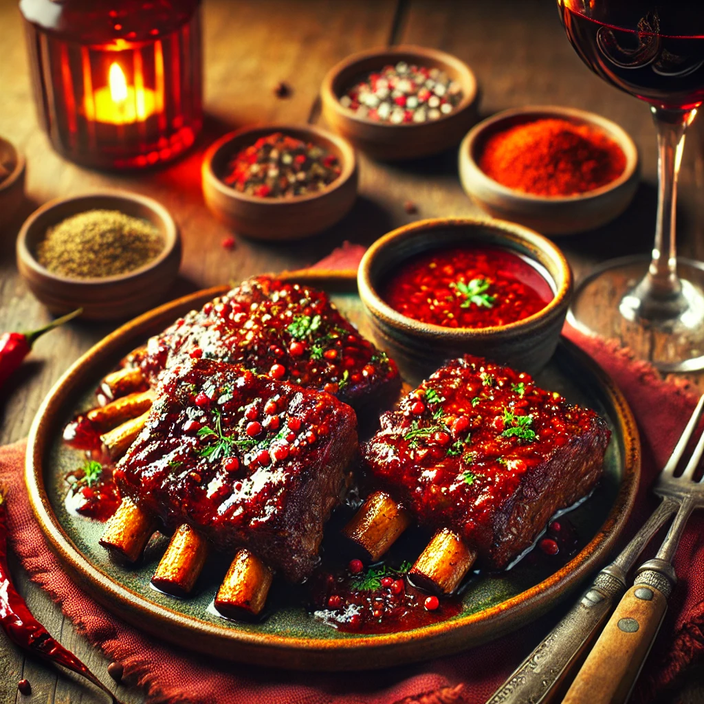 Golden short ribs glazed with a rich red wine sauce, garnished with fresh herbs, served on a rustic ceramic plate with a small bowl of sauce on the side, set on a wooden table illuminated by soft natural lighting for a warm and inviting appeal.