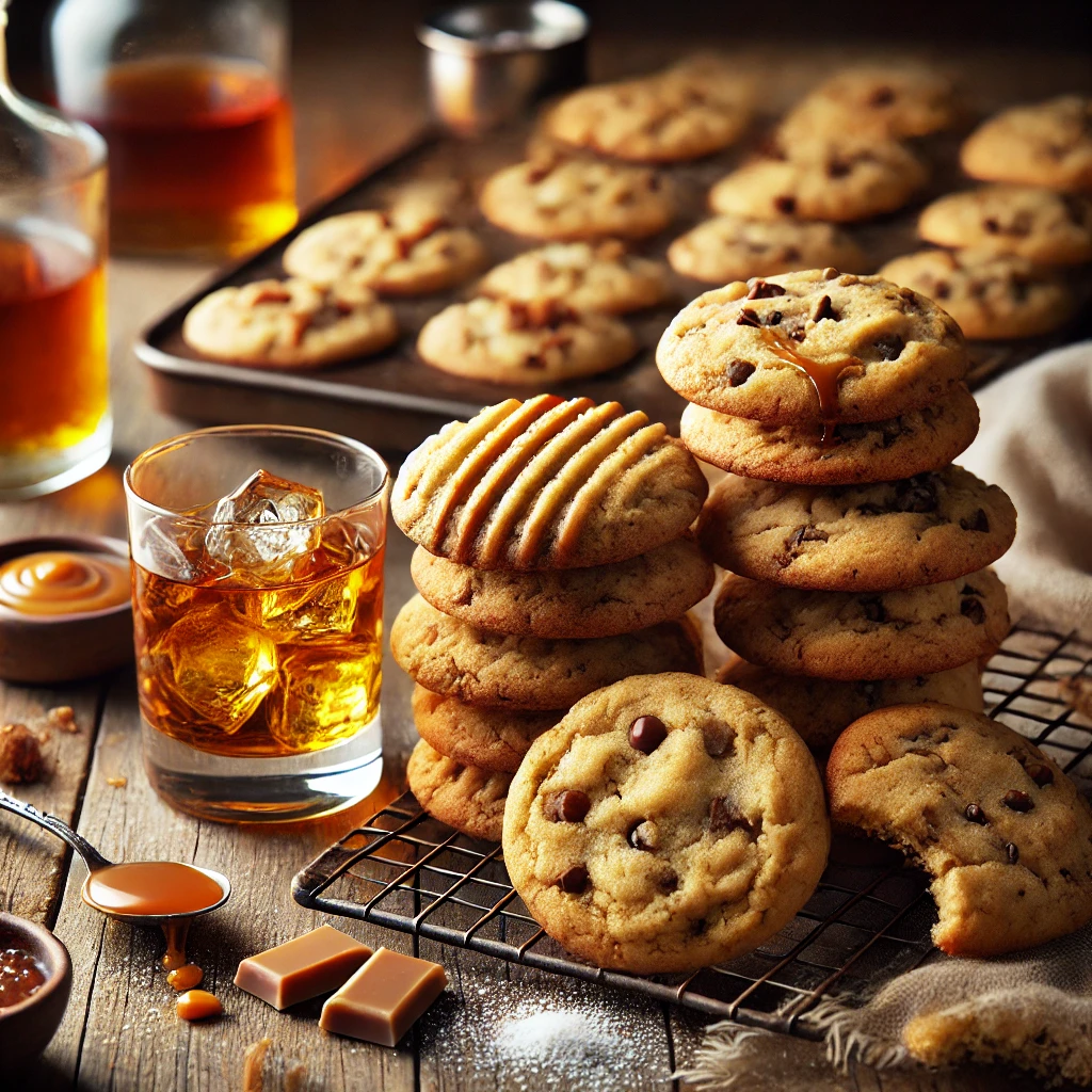 A batch of freshly baked Booze It Up Cookies with a golden-brown color and a soft, chewy texture. Some cookies are drizzled with caramel or chocolate glaze, while others are dusted with powdered sugar. They are arranged on a rustic wooden table, with a few stacked and others cooling on a wire rack. A glass of whiskey, a small dish of caramel sauce, and a sprinkle of coarse sea salt complete the indulgent presentation. Warm, natural lighting enhances the inviting, homemade feel.