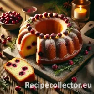 Festive golden cranberry Bundt cake with powdered sugar glaze, fresh cranberries, and a cut slice on a rustic table decorated with rosemary.
