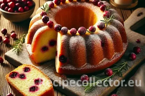 Festive golden cranberry Bundt cake with powdered sugar glaze, fresh cranberries, and a cut slice on a rustic table decorated with rosemary.