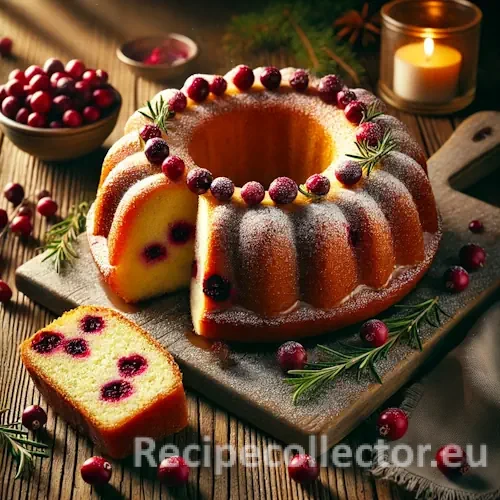 Festive golden cranberry Bundt cake with powdered sugar glaze, fresh cranberries, and a cut slice on a rustic table decorated with rosemary.