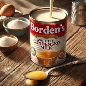 A can of Borden's Sweetened Condensed Milk sits on a rustic wooden table, featuring a bright, vintage-style label. The can is opened, showing the rich, creamy condensed milk inside, with some drizzled onto a spoon placed next to it. Surrounding the can are baking ingredients, including a small bowl of flour, sugar, and a cracked egg, creating a cozy, homemade baking atmosphere. Soft natural light highlights the glossy texture of the condensed milk and the warm tones of the wooden table.
