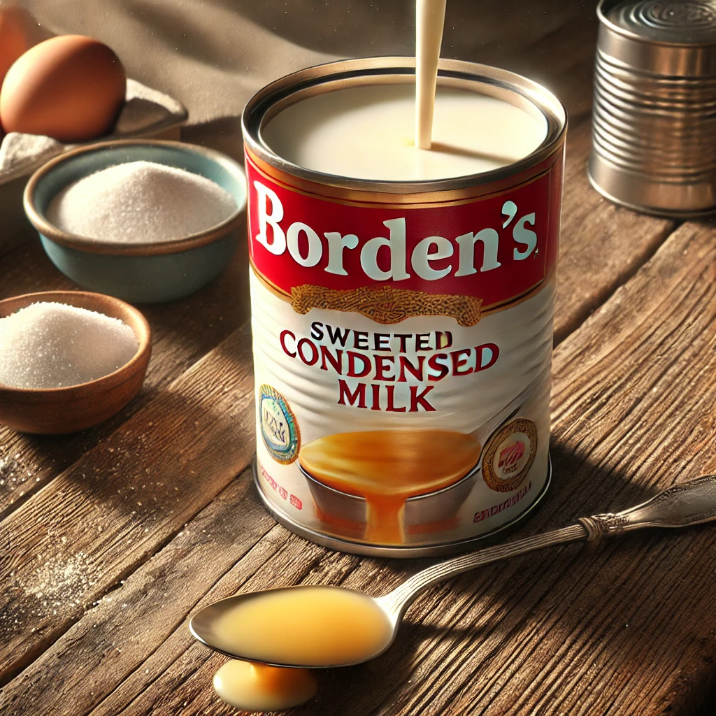 A can of Borden's Sweetened Condensed Milk sits on a rustic wooden table, featuring a bright, vintage-style label. The can is opened, showing the rich, creamy condensed milk inside, with some drizzled onto a spoon placed next to it. Surrounding the can are baking ingredients, including a small bowl of flour, sugar, and a cracked egg, creating a cozy, homemade baking atmosphere. Soft natural light highlights the glossy texture of the condensed milk and the warm tones of the wooden table.