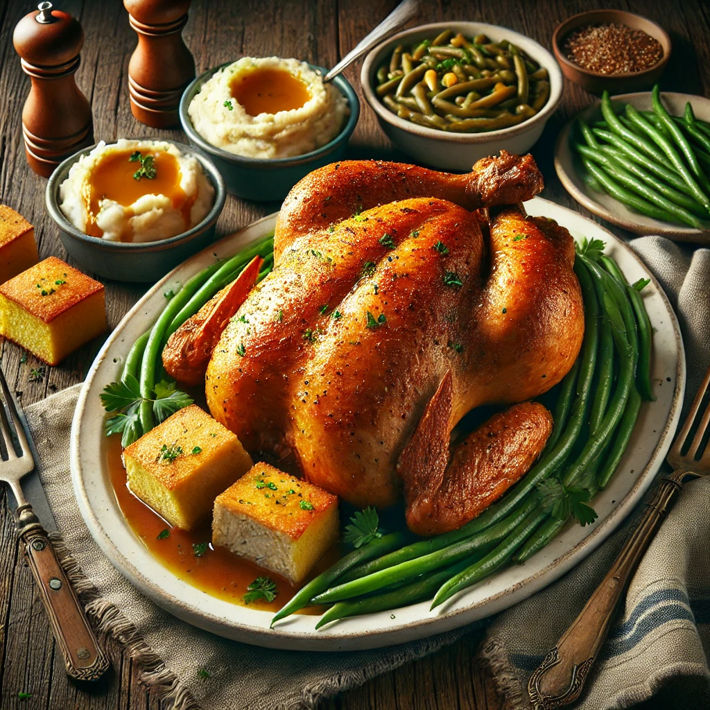 A platter of Boston Market-style roasted chicken sits on a rustic wooden table. The chicken is golden brown with crispy skin, surrounded by sides of buttery cornbread, creamy mashed potatoes topped with gravy, and steamed green beans. Garnished with fresh parsley, the platter is accompanied by a folded linen napkin, a serving spoon, and scattered herbs. Soft natural light highlights the golden textures of the chicken and the vibrant colors of the sides, creating a cozy and comforting homemade atmosphere.