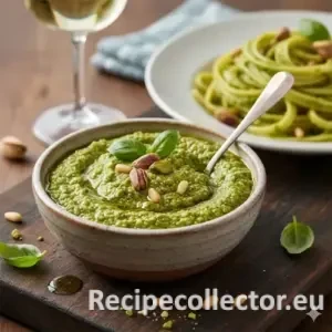Bowl of green Pistachio Pesto garnished with whole pistachios and a basil leaf.