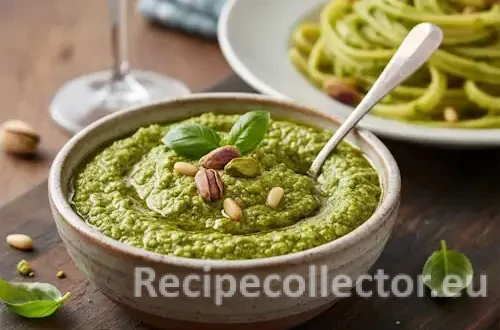 Bowl of green Pistachio Pesto garnished with whole pistachios and a basil leaf.