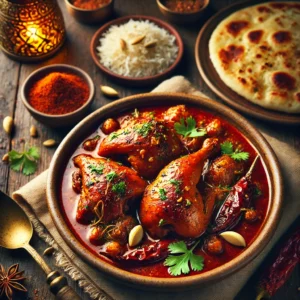 A beautifully plated dish of Braised Quail in Aromatic Spices (Bater Masala), featuring tender, golden-brown quail simmered in a rich, spiced masala sauce. The dish has deep red and brown hues with hints of cumin, cardamom, and garam masala. Garnished with fresh coriander and slivered almonds, it is served in a rustic ceramic bowl. Accompanied by a side of fragrant basmati rice and warm naan, the bowl rests on a wooden table, with soft, warm lighting enhancing the inviting and flavorful presentation.