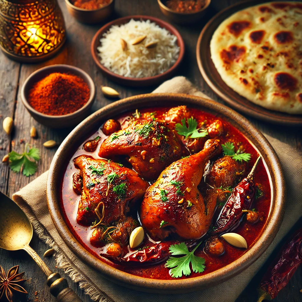 A beautifully plated dish of Braised Quail in Aromatic Spices (Bater Masala), featuring tender, golden-brown quail simmered in a rich, spiced masala sauce. The dish has deep red and brown hues with hints of cumin, cardamom, and garam masala. Garnished with fresh coriander and slivered almonds, it is served in a rustic ceramic bowl. Accompanied by a side of fragrant basmati rice and warm naan, the bowl rests on a wooden table, with soft, warm lighting enhancing the inviting and flavorful presentation.