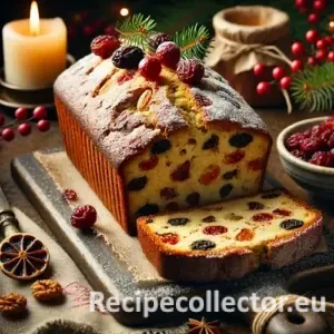 Moist, golden-brown Christmas loaf cake sliced open to reveal dried fruits and nuts, dusted with icing sugar and served on a rustic wooden table with subtle holiday decorations.