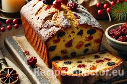 Moist, golden-brown Christmas loaf cake sliced open to reveal dried fruits and nuts, dusted with icing sugar and served on a rustic wooden table with subtle holiday decorations.