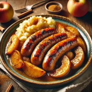 A beautifully plated dish of Brats with Cinnamon Apple Topping, featuring juicy, golden-brown bratwurst sausages nestled on a rustic ceramic plate. The dish is topped with tender, caramelized apple slices infused with cinnamon and a touch of brown sugar. The glossy, spiced apple topping contrasts with the savory sausages, creating a perfect balance of sweet and savory flavors. Accompanied by a side of warm, buttered mashed potatoes, the plate rests on a wooden table with soft, natural lighting enhancing the hearty and comforting presentation.