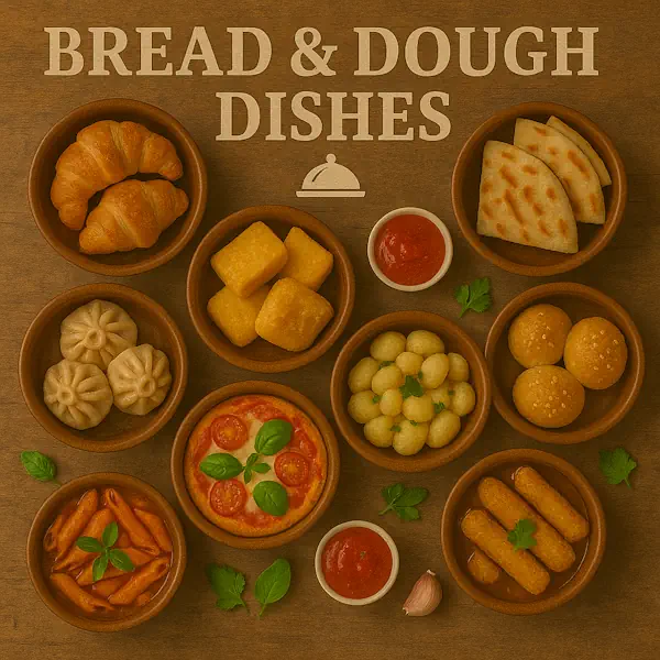 **Alt Text (English):** A rustic wooden table displays a variety of bread and dough-based dishes in ceramic bowls, including croissants, cornbread, flatbread, dumplings, pizza, gnocchi, bread rolls, penne pasta, and mozzarella sticks. The title "BREAD & DOUGH DISHES" appears at the top with a cloche icon.
