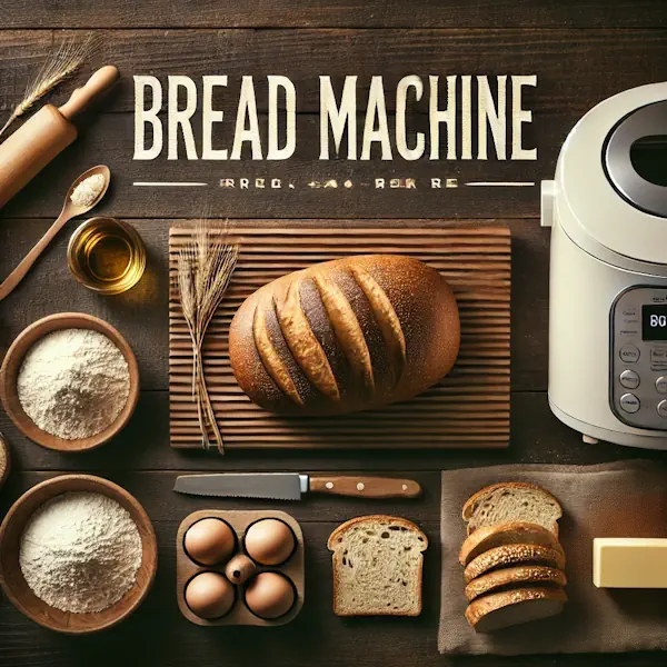A rustic flat lay of freshly baked bread on a medium-dark wooden table with horizontal planks. A loaf and slices of bread rest on a wooden board, with flour, yeast, and butter nearby. At the top, the words 'BREAD MACHINE' are written in large cream-colored serif letters, centered and clearly visible.