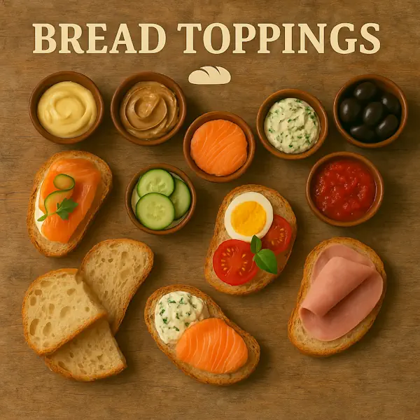 **Alt Text (English):** A rustic wooden table features a variety of bread slices with toppings like smoked salmon, cucumber, egg, tomato, ham, herbed spread, and sauces. Surrounding the breads are small bowls of butter, peanut butter, olives, and tomato sauce. The title "BREAD TOPPINGS" appears at the top with a bread icon.