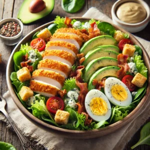 A bowl of breaded chicken Cobb salad on a rustic wooden table, featuring crisp romaine lettuce topped with crispy breaded chicken slices, crispy bacon, cherry tomatoes, hard-boiled eggs, avocado slices, and crumbled blue cheese, all drizzled with a creamy dressing. A few extra croutons and a sprinkle of freshly ground black pepper add the finishing touch. The bowl is accompanied by a small dish of dressing and a fork. Soft natural lighting enhances the fresh, inviting tones.