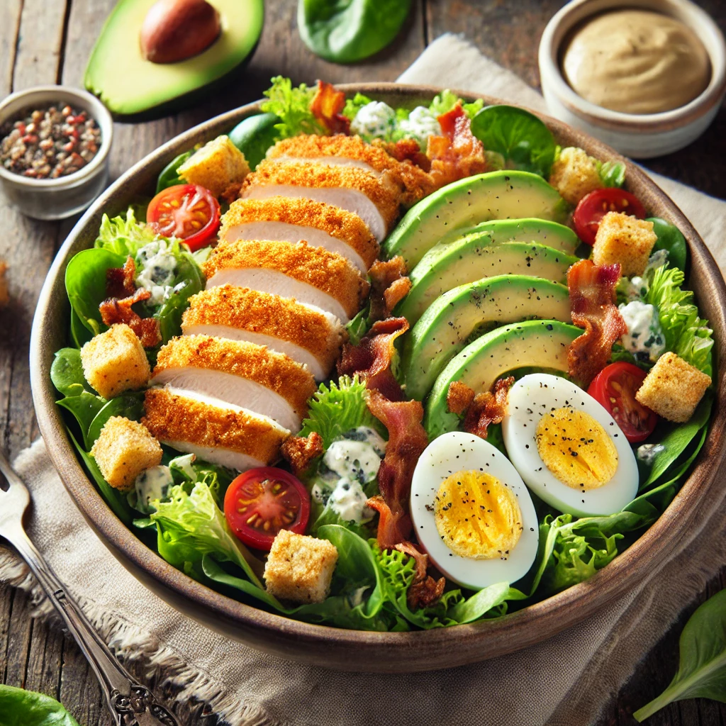 A bowl of breaded chicken Cobb salad on a rustic wooden table, featuring crisp romaine lettuce topped with crispy breaded chicken slices, crispy bacon, cherry tomatoes, hard-boiled eggs, avocado slices, and crumbled blue cheese, all drizzled with a creamy dressing. A few extra croutons and a sprinkle of freshly ground black pepper add the finishing touch. The bowl is accompanied by a small dish of dressing and a fork. Soft natural lighting enhances the fresh, inviting tones.