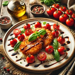 A beautifully plated Breaded Chicken with Tomatoes served on a rustic wooden table. The dish features crispy golden-brown breaded chicken cutlets topped with juicy cherry tomatoes, fresh basil, and a drizzle of balsamic glaze. Garnished with grated Parmesan cheese and arranged on a white ceramic plate with a side of mixed greens. The warm wooden table is more visible, providing a cozy and inviting setting.
