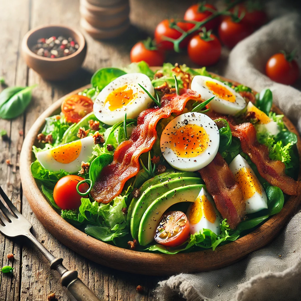 A plate of breakfast bacon and egg salad with crisp mixed greens, crispy bacon, sliced hard-boiled eggs, cherry tomatoes, and avocado slices on a rustic wooden table. Drizzled with light vinaigrette and garnished with black pepper and chopped chives, with a serving fork lifting a bite. A cozy napkin and wooden plate enhance the warm, inviting atmosphere.